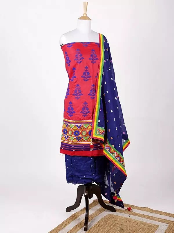 Exotic India Bandhani Salwar Kameez Fabric And Dupatta From Gujarat With Multicolor Embroidery And Mirrors 