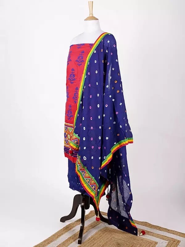 Exotic India Bandhani Salwar Kameez Fabric And Dupatta From Gujarat With Multicolor Embroidery And Mirrors 