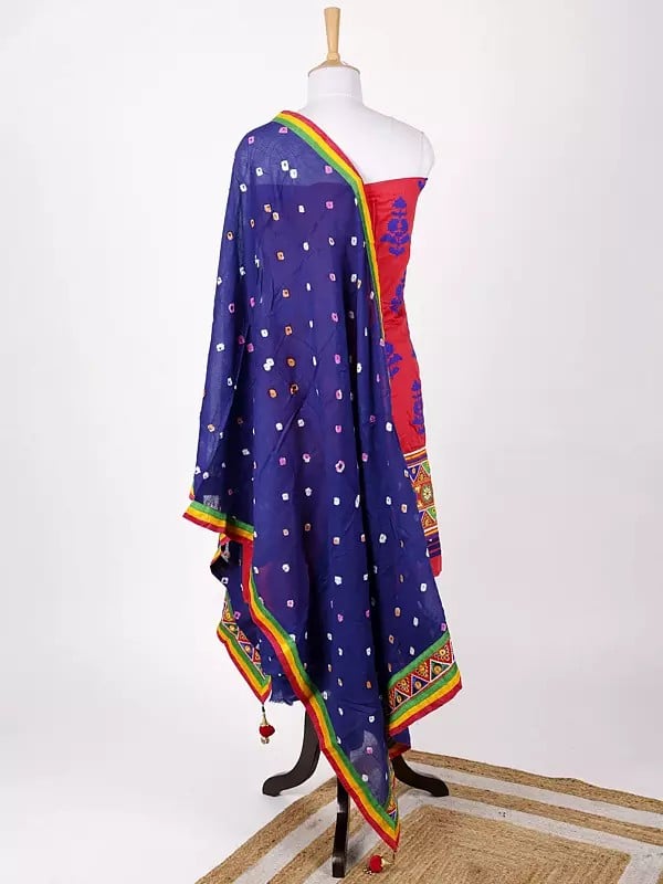 Exotic India Bandhani Salwar Kameez Fabric And Dupatta From Gujarat With Multicolor Embroidery And Mirrors 