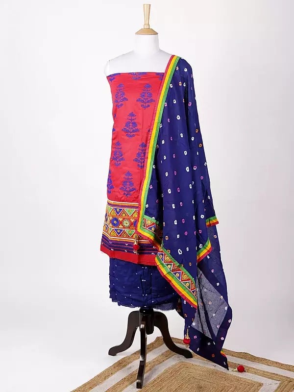 exotic india Bandhani Salwar Kameez Fabric and Dupatta from Gujarat with Multicolor Embroidery and Mirrors 