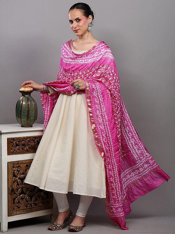 Exotic India Bandhani Tie-Dye Gharchola Dupatta From Jodhpur With Golden Thread Weave 