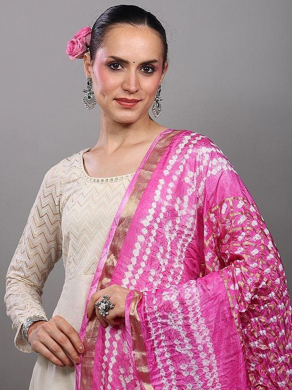 Exotic India Bandhani Tie-Dye Gharchola Dupatta From Jodhpur With Golden Thread Weave 