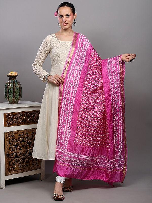 exotic india Bandhani Tie-Dye Gharchola Dupatta from Jodhpur with Golden Thread Weave 