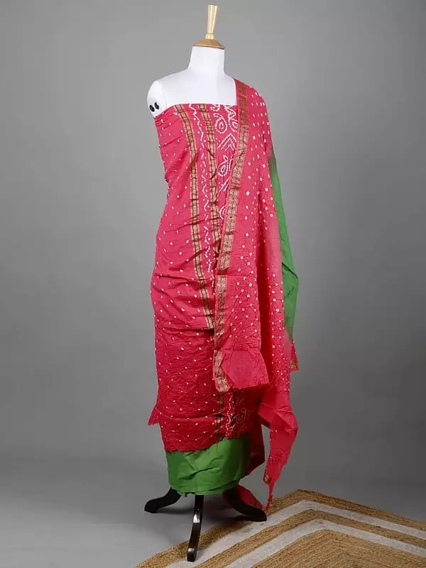 Exotic India Bandhani Tie-Dye Pure Cotton Salwar Kameez And Dupatta From Gujarat With Woven Rudraksha Border 