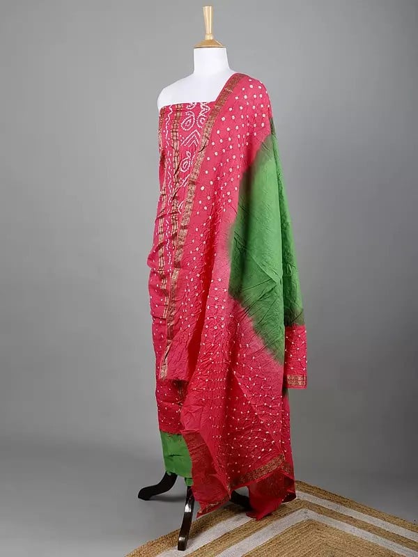 Exotic India Bandhani Tie-Dye Pure Cotton Salwar Kameez And Dupatta From Gujarat With Woven Rudraksha Border 
