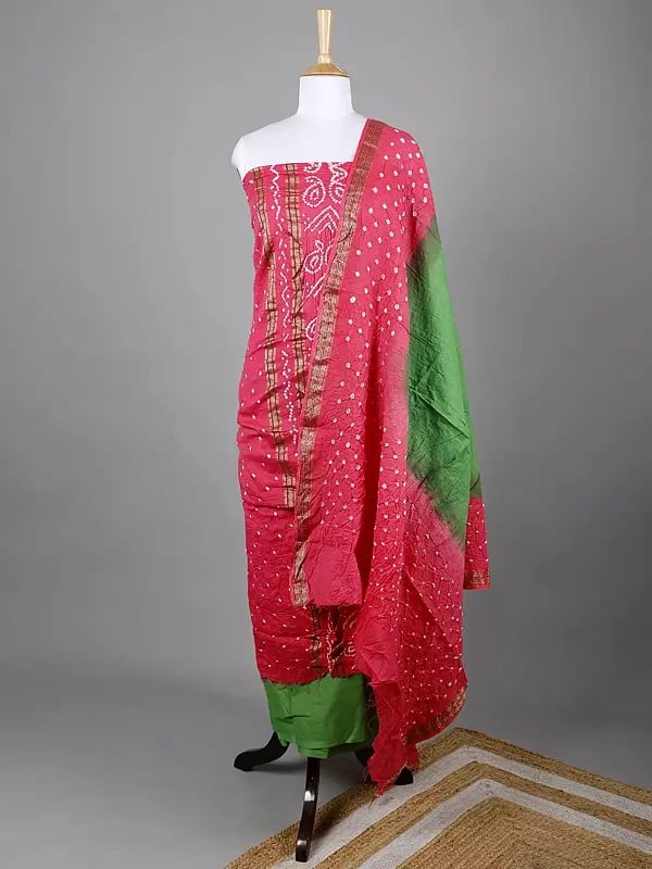 exotic india Bandhani Tie-Dye Pure Cotton Salwar Kameez and Dupatta from Gujarat with Woven Rudraksha Border 