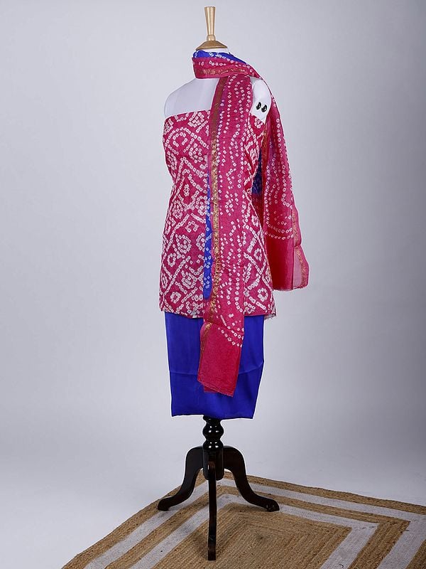 Exotic India Bandhani Tie-Dye Salwar Kameez Fabric And Dupatta From Gujarat With Zari Border 