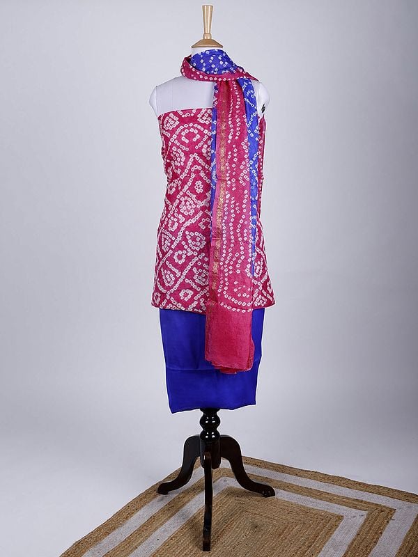 exotic india Bandhani Tie-Dye Salwar Kameez Fabric and Dupatta from Gujarat with Zari Border 