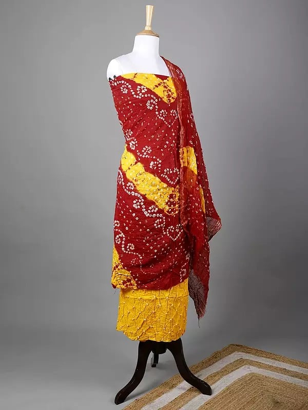 Exotic India Bandhani Tie-Dye Salwar Kameez Fabric From Gujarat With Beads And Mirrors 