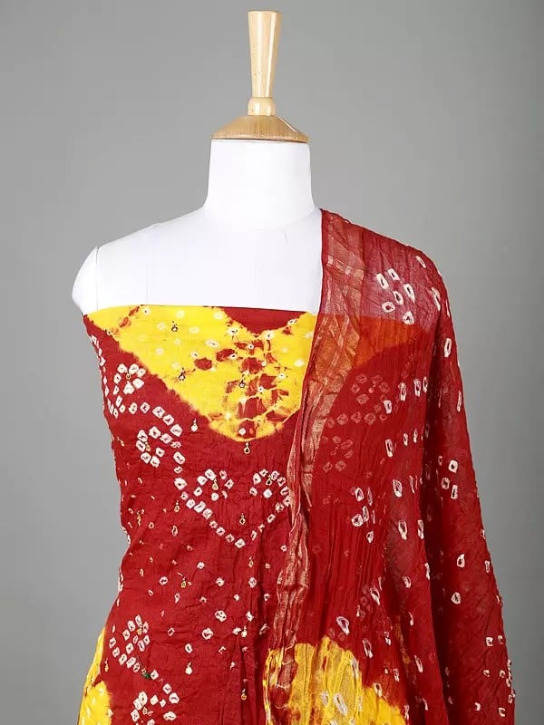 Exotic India Bandhani Tie-Dye Salwar Kameez Fabric From Gujarat With Beads And Mirrors 