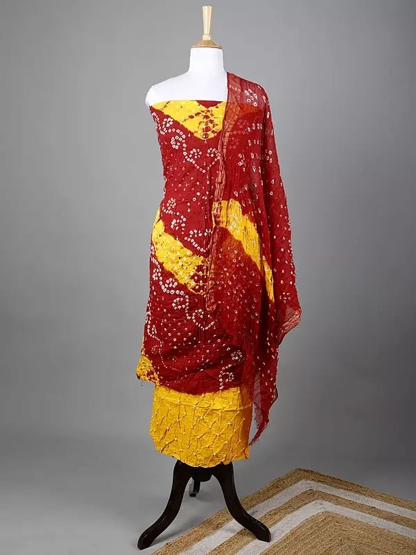 exotic india Bandhani Tie-Dye Salwar Kameez Fabric from Gujarat with Beads and Mirrors 