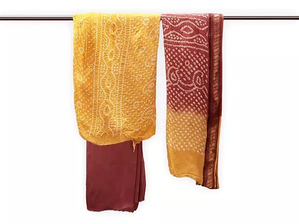 exotic india Bandhani Tie-Dyed Salwar Kameez Fabric from Gujarat with Paisleys and Woven Border 