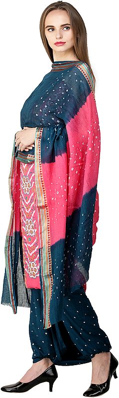 Exotic India Bandhani Tie-Dyed Salwar Kameez Fabric With Floral Embroidery And Mirrors 