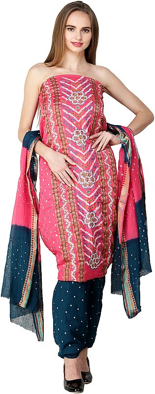 Exotic India Bandhani Tie-Dyed Salwar Kameez Fabric With Floral Embroidery And Mirrors 