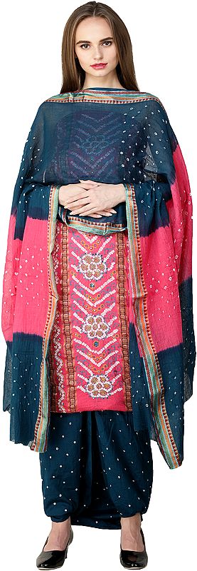 exotic india Bandhani Tie-Dyed Salwar Kameez Fabric with Floral Embroidery and Mirrors 