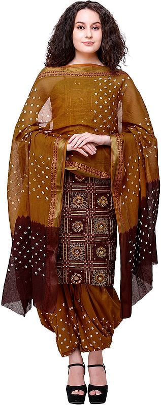 exotic india Bandhani Zari-woven Salwar Kameez Fabric with Mirror Embroidery 
