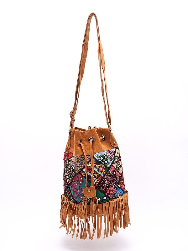 Exotic India Banjara Style Side Shoulder Bag With Drawstring Closure And Embroidered Patch-work & Mirrors 