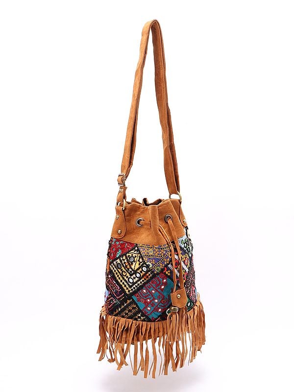 Exotic India Banjara Style Side Shoulder Bag With Drawstring Closure And Embroidered Patch-work & Mirrors 