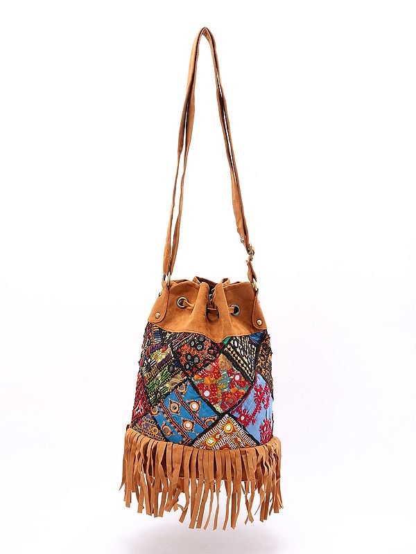 Exotic India Banjara Style Side Shoulder Bag With Drawstring Closure And Embroidered Patch-work & Mirrors 