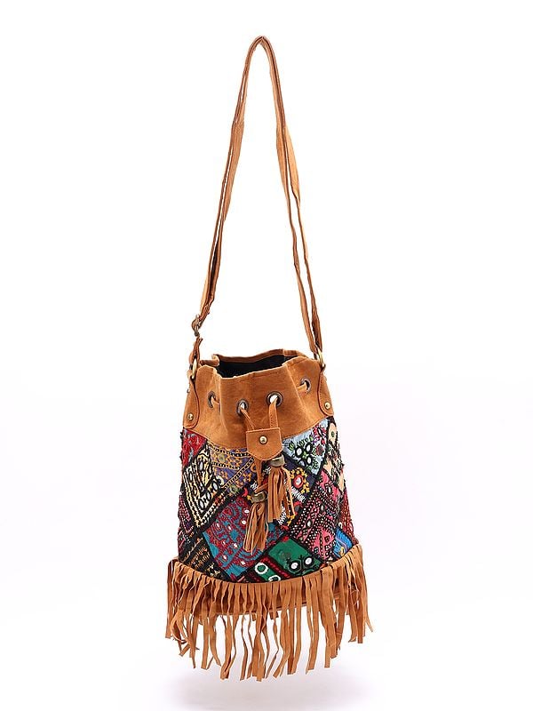 exotic india Banjara Style Side Shoulder Bag with Drawstring Closure and Embroidered Patch-work & Mirrors 