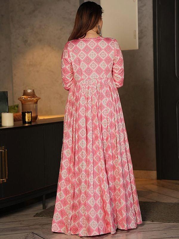 Exotic India Barbie-Pink Heavy Rayon Digital Print Crop-Top Palazzo Suit With Diamond Pattern Long Shrug 