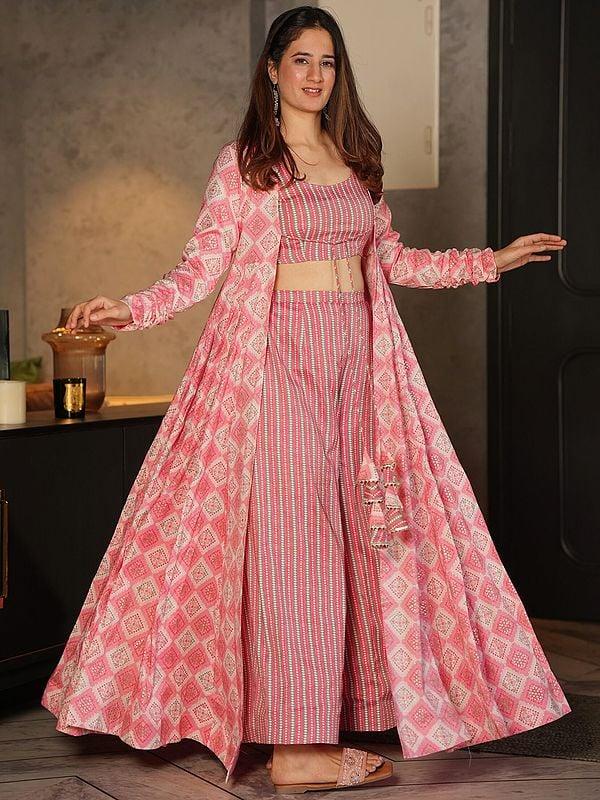 exotic india Barbie-Pink Heavy Rayon Digital Print Crop-Top Palazzo Suit with Diamond Pattern Long Shrug 
