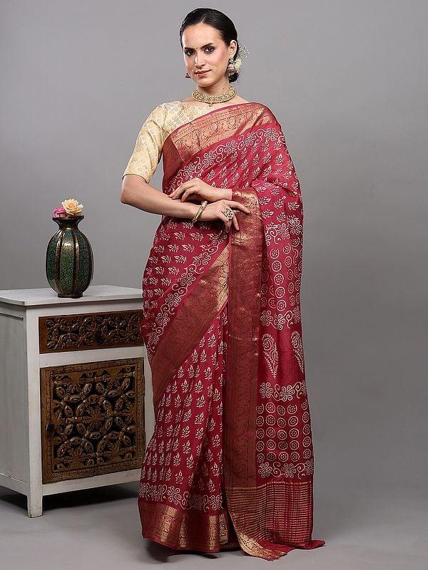 Exotic India Baroque-Rose Dola Silk Saree With Dabu Block Printed Motifs And Zari Woven Paisley-Floral Border 