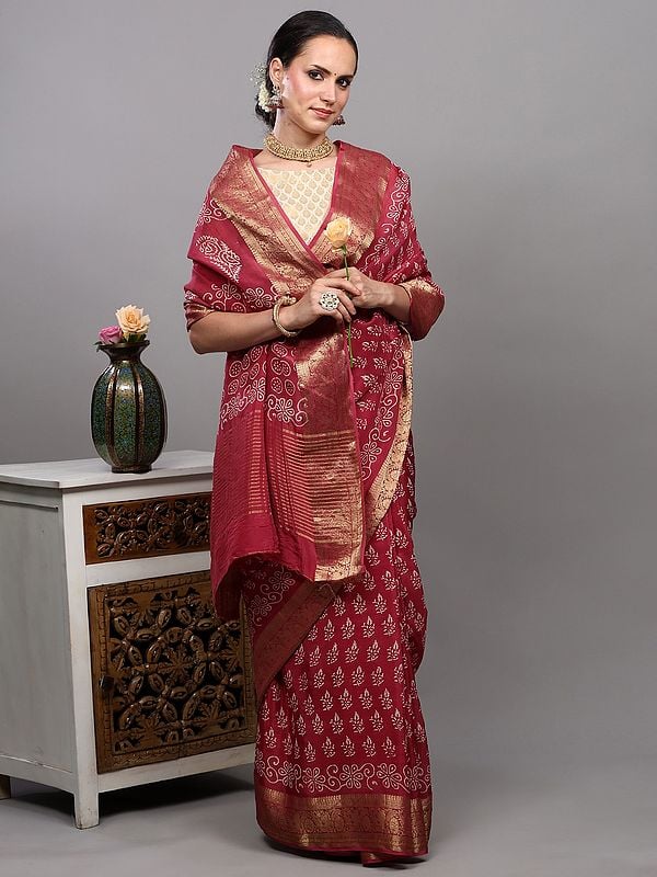 Exotic India Baroque-Rose Dola Silk Saree With Dabu Block Printed Motifs And Zari Woven Paisley-Floral Border 