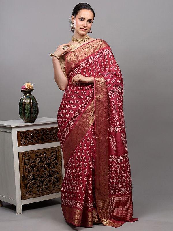 Exotic India Baroque-Rose Dola Silk Saree With Dabu Block Printed Motifs And Zari Woven Paisley-Floral Border 