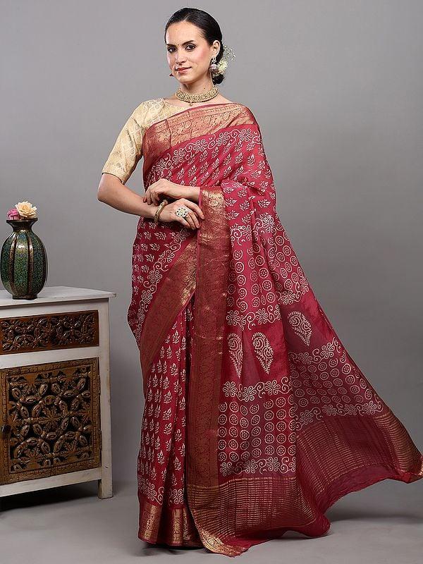 exotic india Baroque-Rose Dola Silk Saree with Dabu Block Printed Motifs and Zari Woven Paisley-Floral Border 