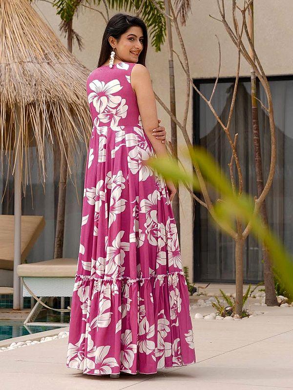 Exotic India Bashful-Pink Heavy Rayon Elegant Floral Print Sleeveless Gown For Casual Occasion 