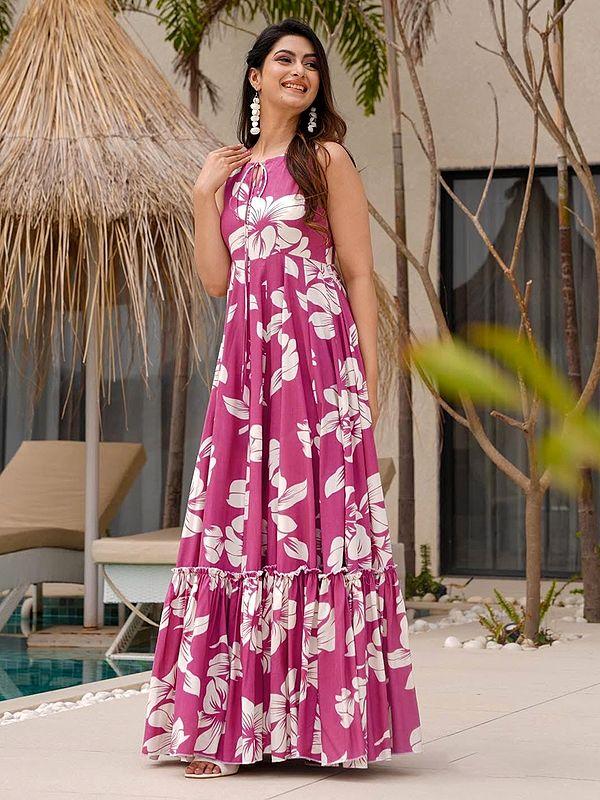 exotic india Bashful-Pink Heavy Rayon Elegant Floral Print Sleeveless Gown For Casual Occasion 