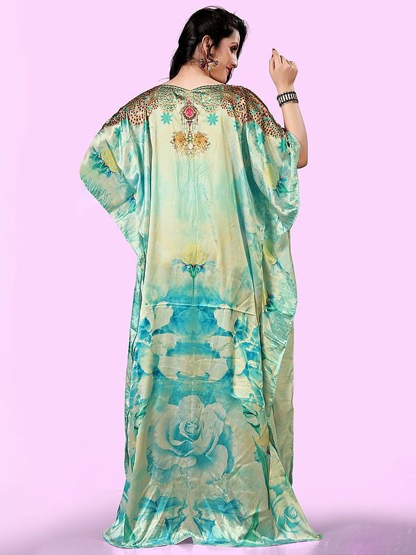 Exotic India Beach-Grass Satin Stone Work Long Kaftan With Printed Flowers 