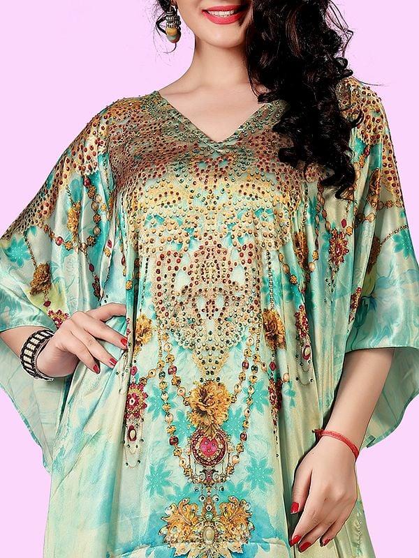 Exotic India Beach-Grass Satin Stone Work Long Kaftan With Printed Flowers 