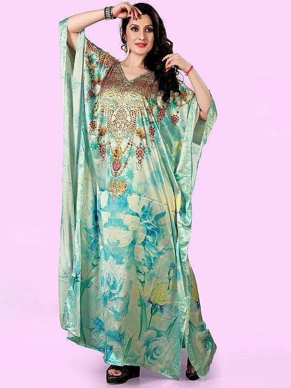 exotic india Beach-Grass Satin Stone work Long Kaftan with Printed Flowers 