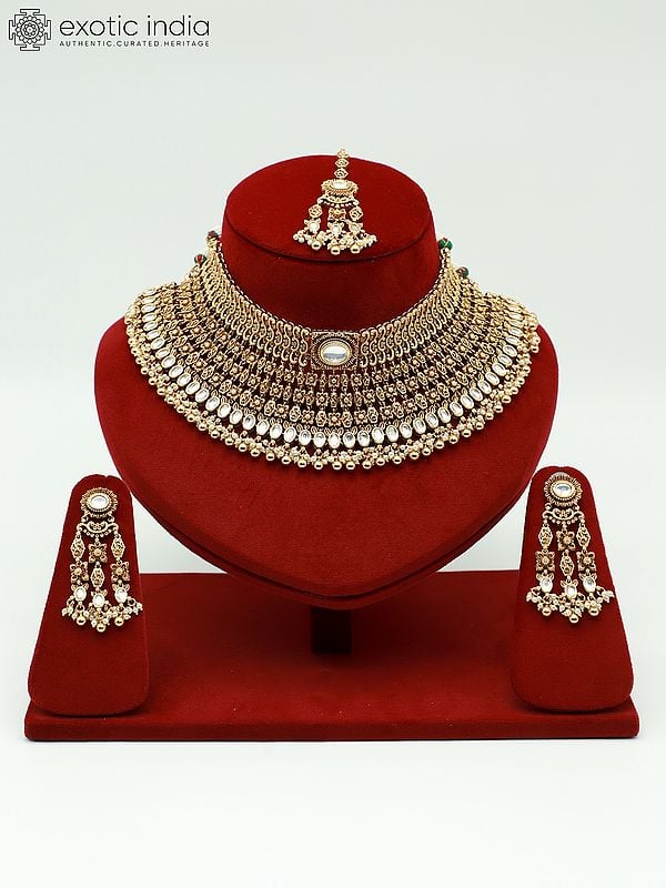 exotic india Beaded And Stone Studded Attractive Choker Necklace With Matching Earrings And Mangtika