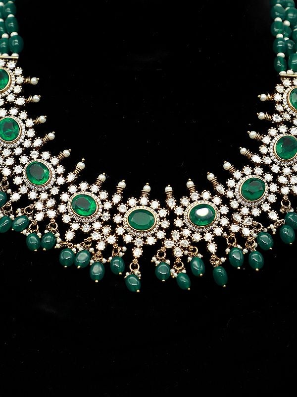 Exotic India Beaded And Stone Studded Elegant Monalisa Bandhai Necklace Set With Matching Earrings