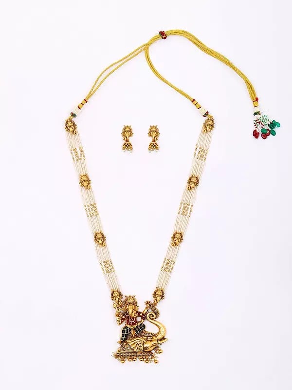 Exotic India Beaded Blessing Lord Ganesha Long Necklace Set With Earrings