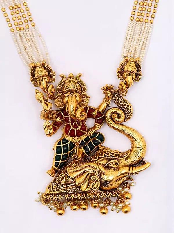 Exotic India Beaded Blessing Lord Ganesha Long Necklace Set With Earrings