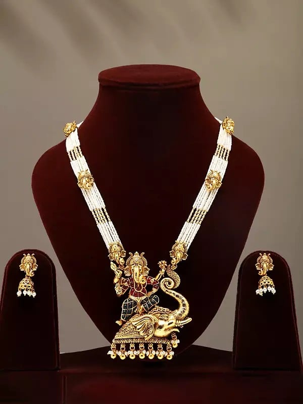 exotic india Beaded Blessing Lord Ganesha Long Necklace Set with Earrings 