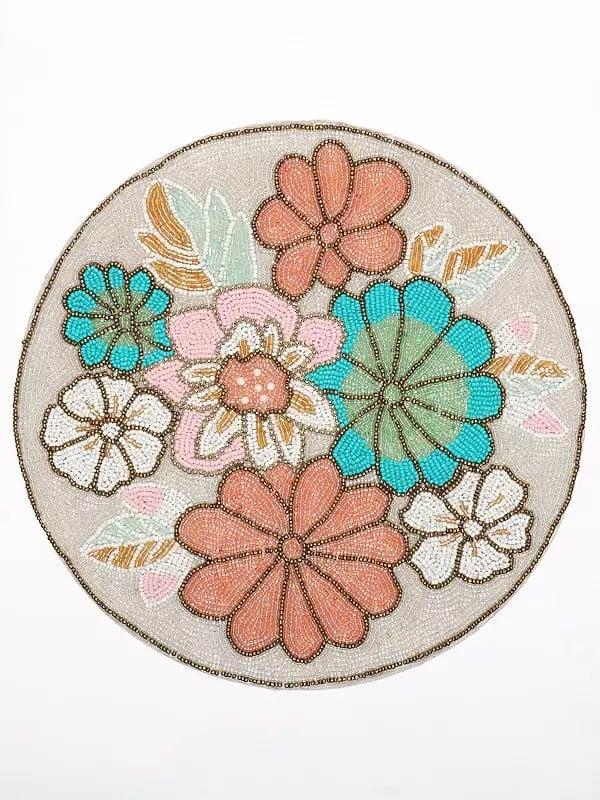 Exotic India Beaded Embroidered Floral Round Table Mat (Set Of 2)