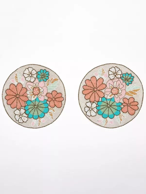 exotic india Beaded Embroidered Floral Round Table Mat (Set of 2) 