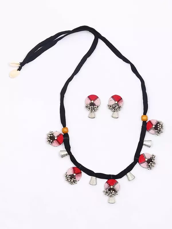 Exotic India Beaded Handloom Sambalpuri Fabric Necklace And Earrings Set With Jingling Bells