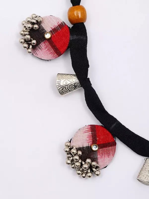 Exotic India Beaded Handloom Sambalpuri Fabric Necklace And Earrings Set With Jingling Bells