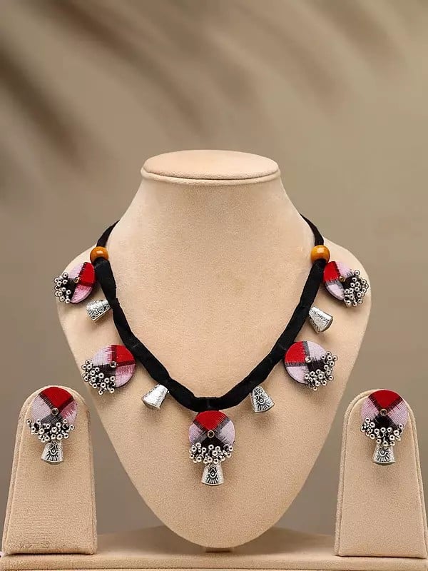 exotic india Beaded Handloom Sambalpuri Fabric Necklace and Earrings Set with Jingling Bells 