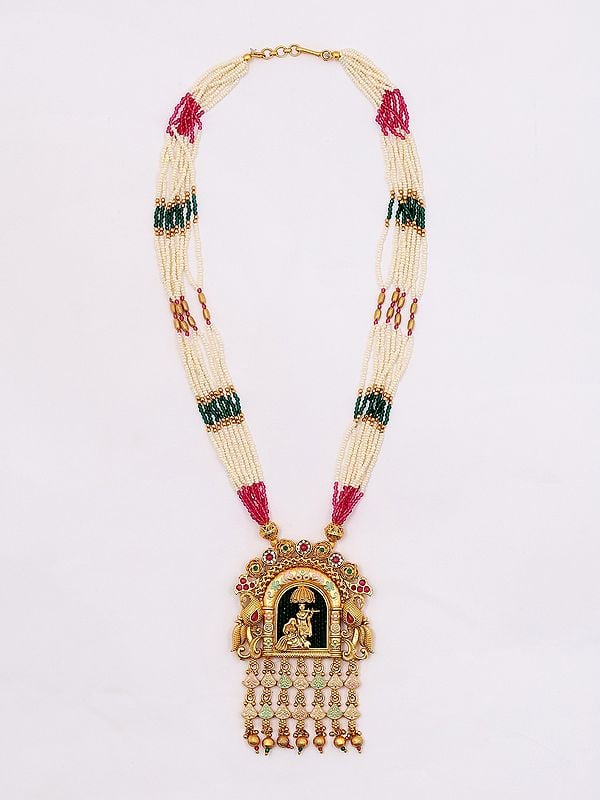 Exotic India Beaded Multi Strand Long Radha Krishna Necklace And Earring Set 