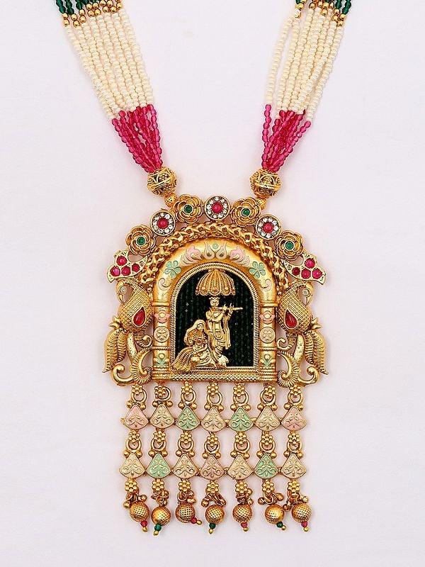 Exotic India Beaded Multi Strand Long Radha Krishna Necklace And Earring Set 