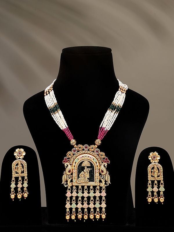 exotic india Beaded Multi Strand Long Radha Krishna Necklace and Earring Set 