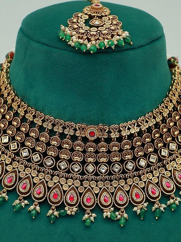 Exotic India Beautiful Brass Necklace Set With Attractive Mangtika And Earrings