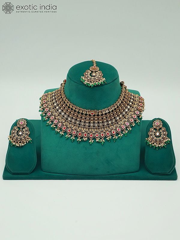 exotic india Beautiful Brass Necklace Set With Attractive Mangtika And Earrings 